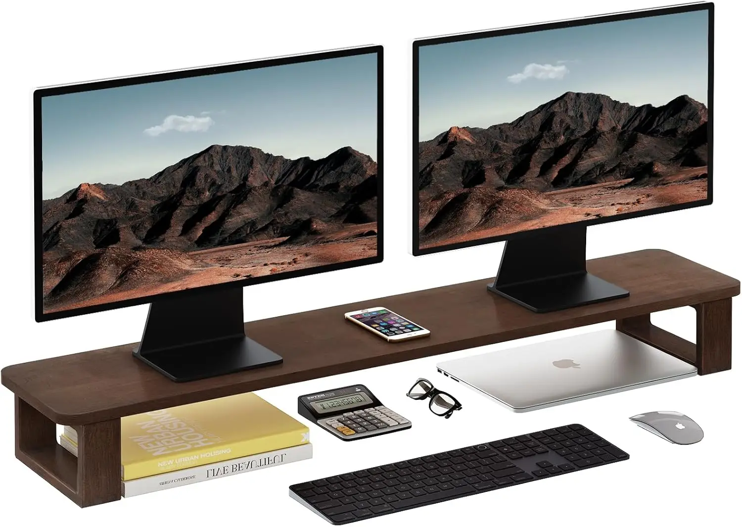 Dual Monitor Stand Riser, 2 Heights Adjustable Wood Computer Monitor Stand Desktop Organizer for 2 Monitors, Laptop, TV