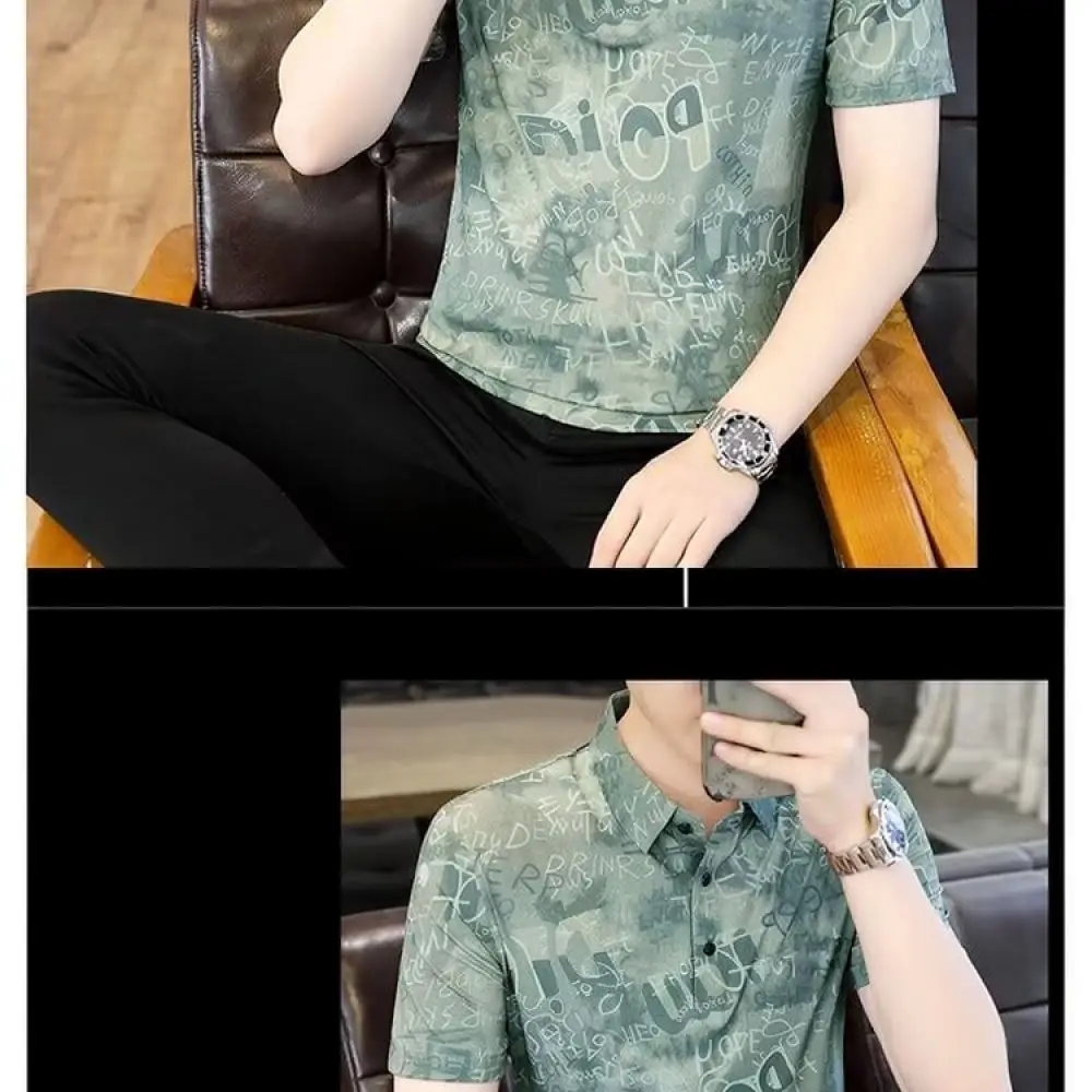 Mens Ice Silk Polo Shirt Short Sleeve Casual Slim Fit Breathable Tee Korean Fashion Summer Business Lapel Clothes