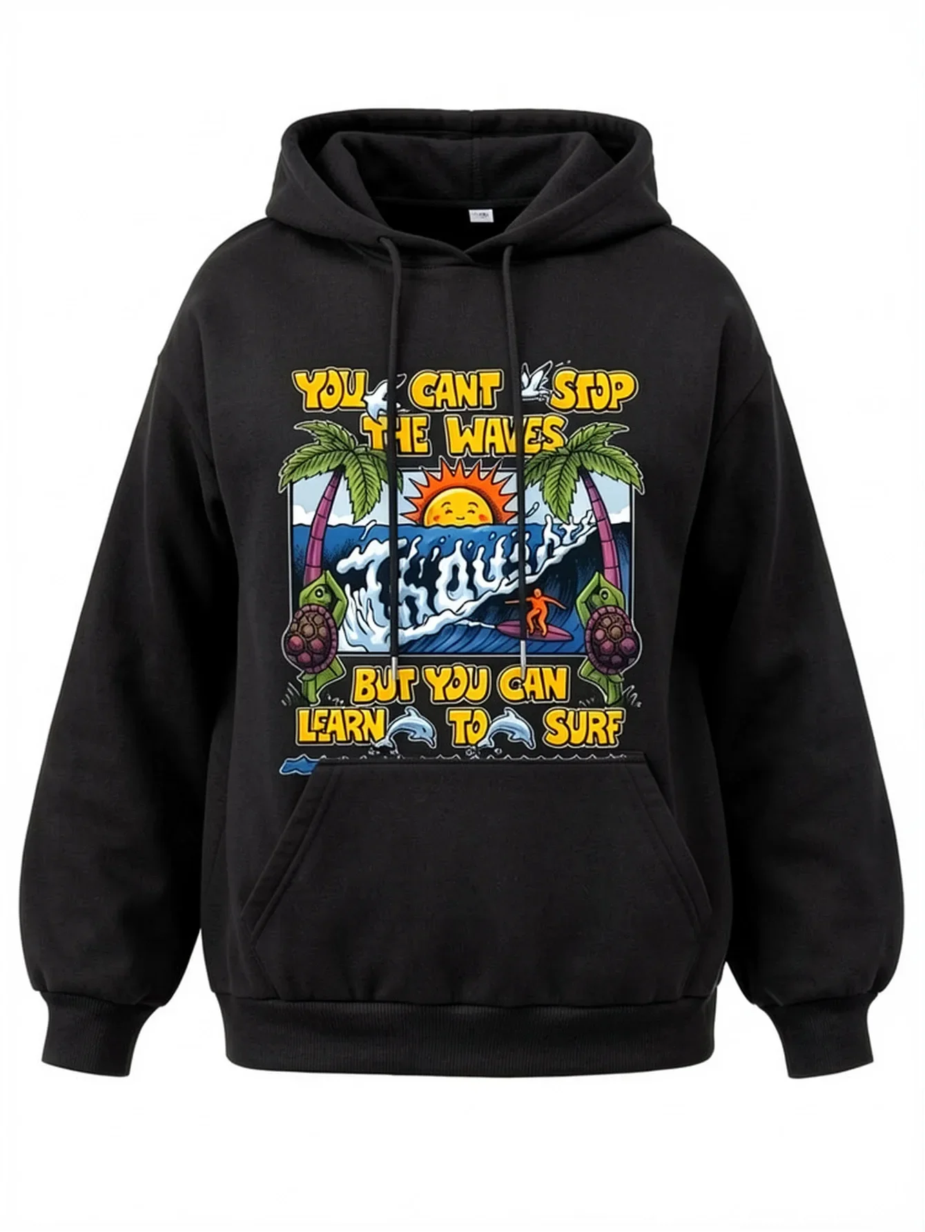 Men's Learn To Surf Sports Hoodie Cartoon Ocean Wave Turtle Print Black Oversized Pullover Streetwear Sweatshirt Spring Autumn