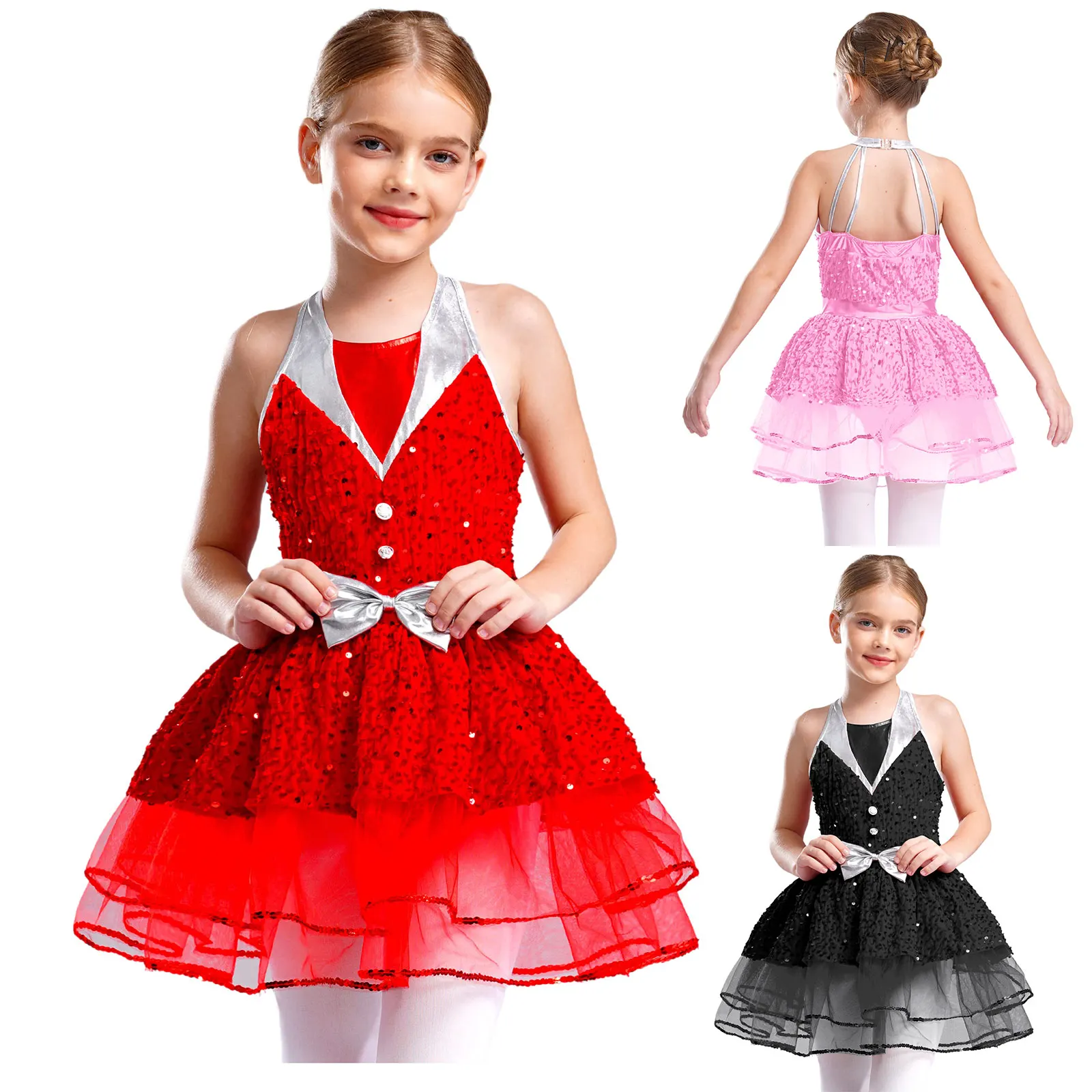 Girls Ballet Dance Dress Glittery Sequins Velvet Tutu Dress Halter Sleeveless Tutu Skirt Christmas Party Performance Dancewear