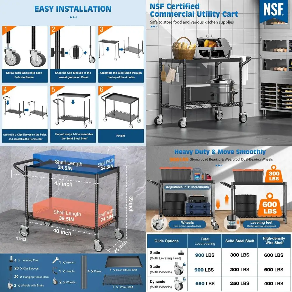 

NSF-Certified 2-Tier Heavy-Duty Utility Cart with Wheels, 900 lbs Capacity, Commercial Metal Storage Cart for Kitchen, Warehouse