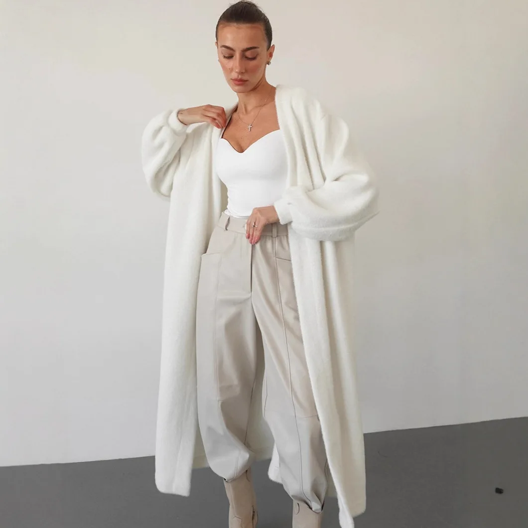 الخريف المرأة فو المنك سترة بلون الدانتيل يصل الخصر حزام معطف لسيدة مترهل نمط طويل الإناث سترة صوفية #1