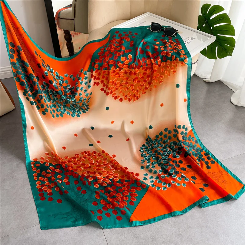 Fashion Print Brocade Gradient Color Beach Towel Travel Sunscreen Shawl Simulated Silk 110CM Neck Guard Woman's Square Scarf R60