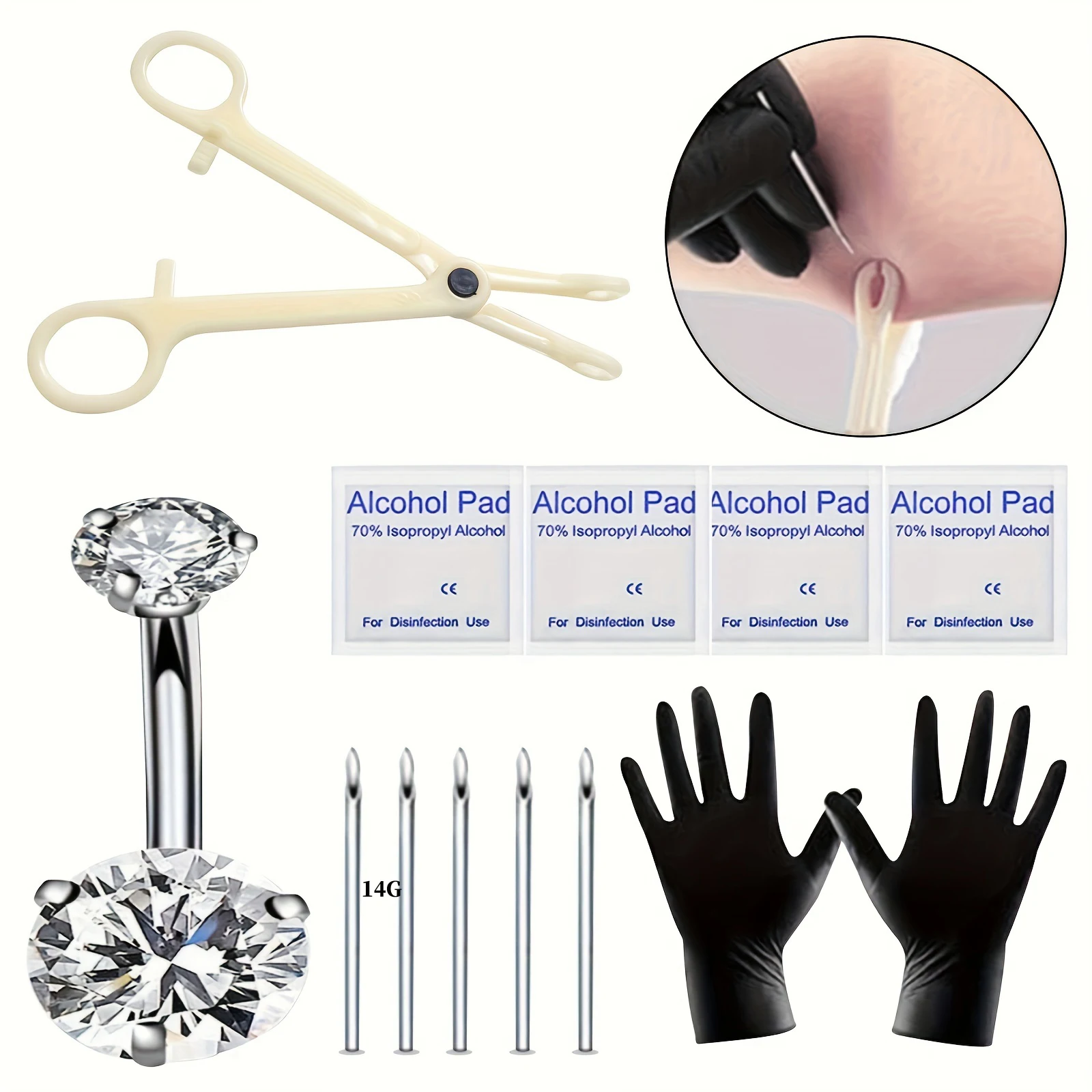 Anel no umbigo para homens e mulheres, agulhas de aço 316L Piercing, braçadeira, kit de ferramentas Auto Piercing, casa, 13pcs