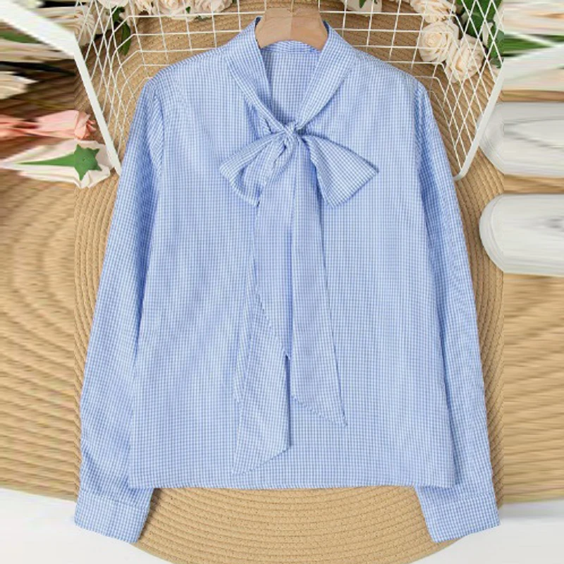 2025 Spring Striped Print Women\'s Elegant Blouses Fashion Bowknot Collar Commute Shirts Autumn Long Sleeve Button Streetwear Top