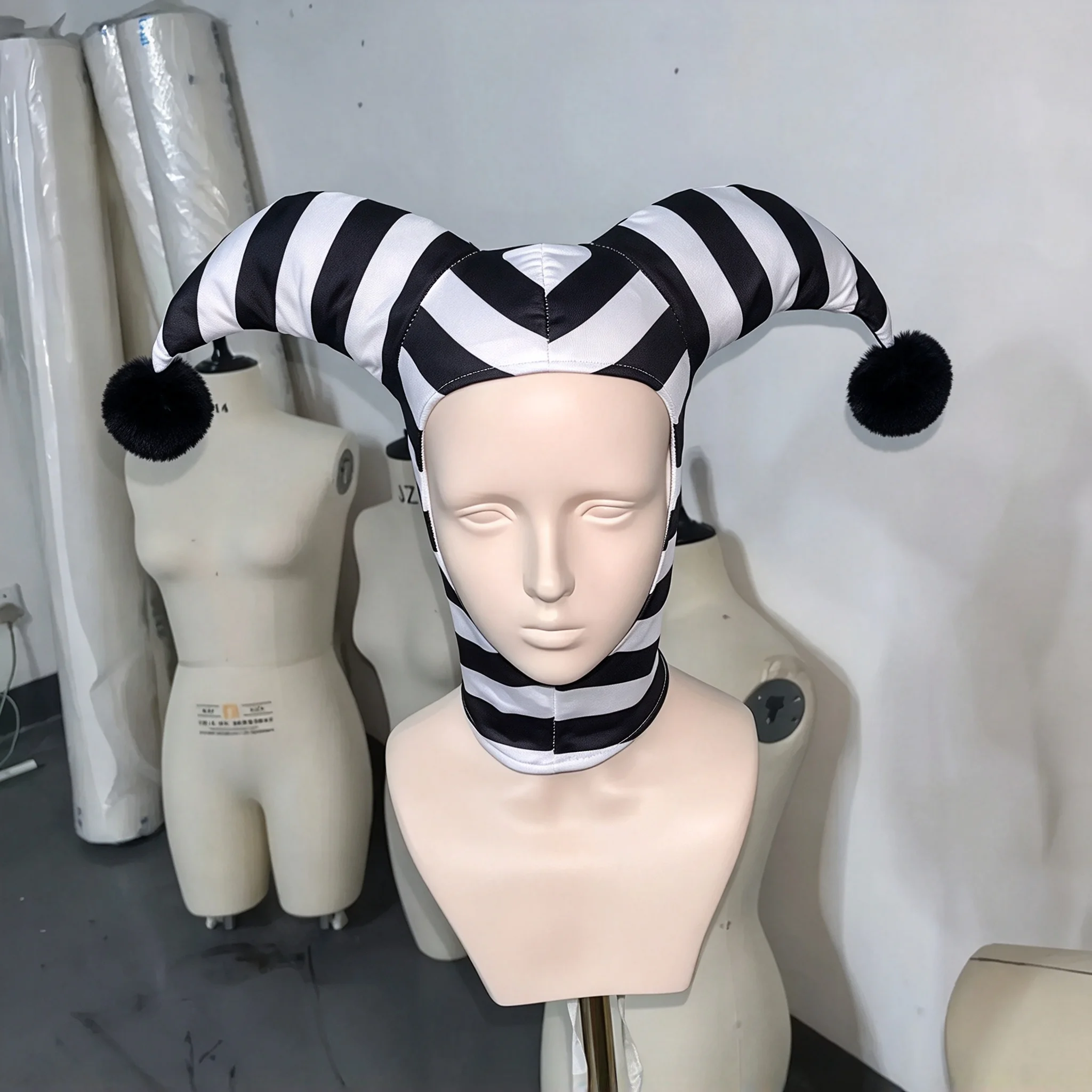 Gothic Jester Clown Hood Hat Striped Pom Pom Decor Full Neck Cover Cosplay Party Prop