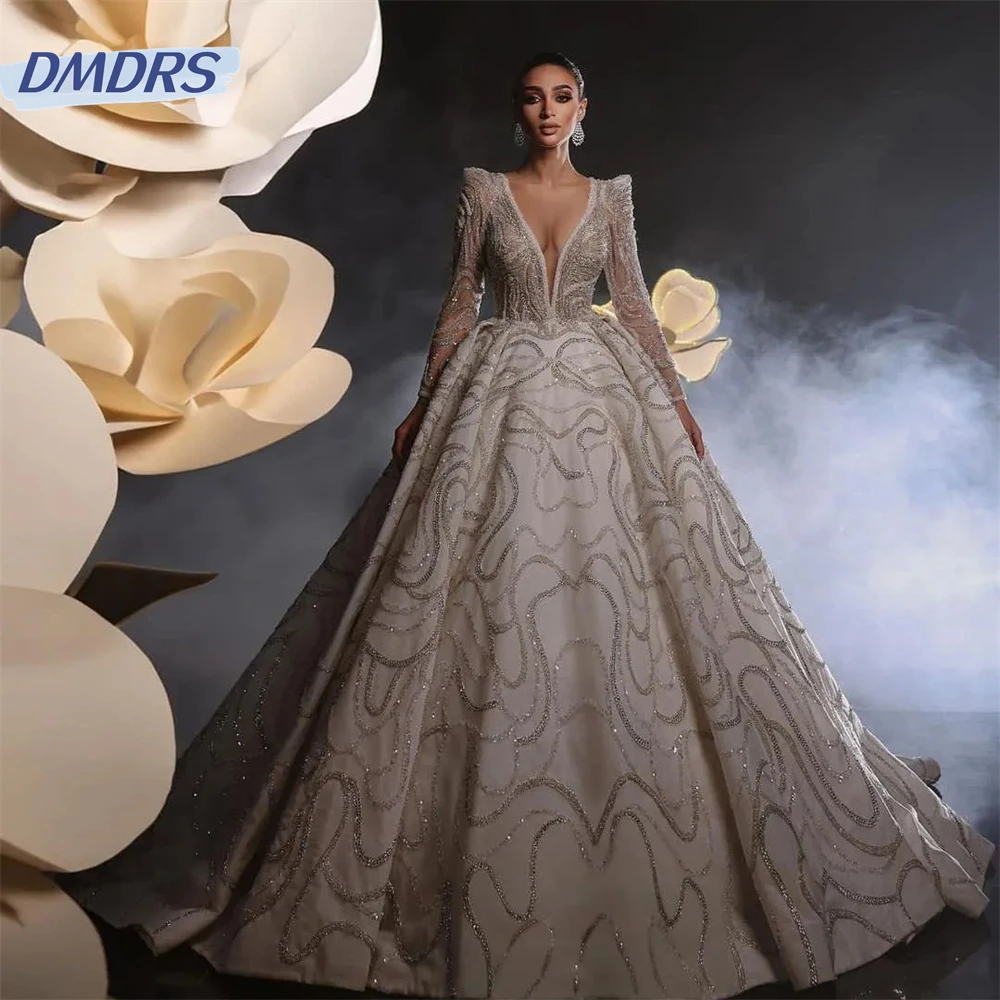 Sexy tiefes Brautkleid mit V-Ausschnitt 2024 elegantes Perlen ballkleid klassisches langärmliges boden langes Brautkleid vestidos de novia