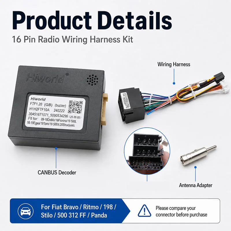 For Fiat Bravo Ritmo 198 Stilo 500 312 FF Panda 16 Pin Tail Cable CANBUS Decoder Wiring Harness
