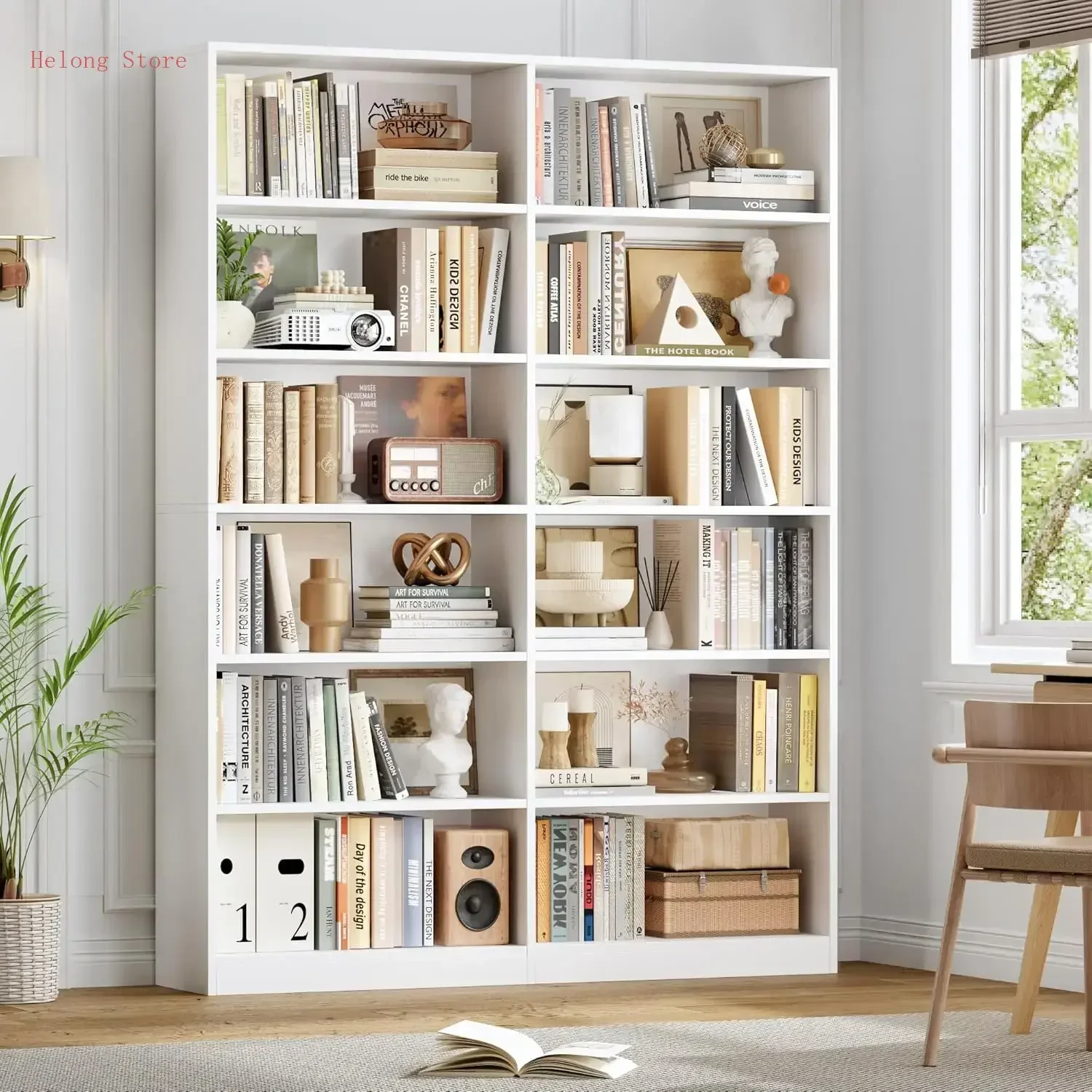 [XMSJ] Rak Buku dan Rak Buku, Rak Buku Lebar Ganda 6 Tingkat, Rak Penyimpanan Tampilan Berdiri Bebas, Rak Buku Tinggi untuk Dekorasi Rumah