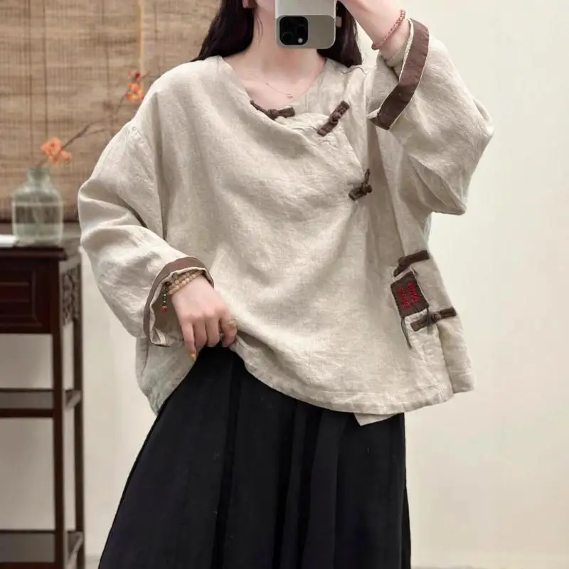 

Осенний стиль, женская свободная блузка с длинным рукавом и v-образным вырезом, женские топы, винтажные хлопковые льняные свободные повседневные рубашки на пуговицах, высокое качество