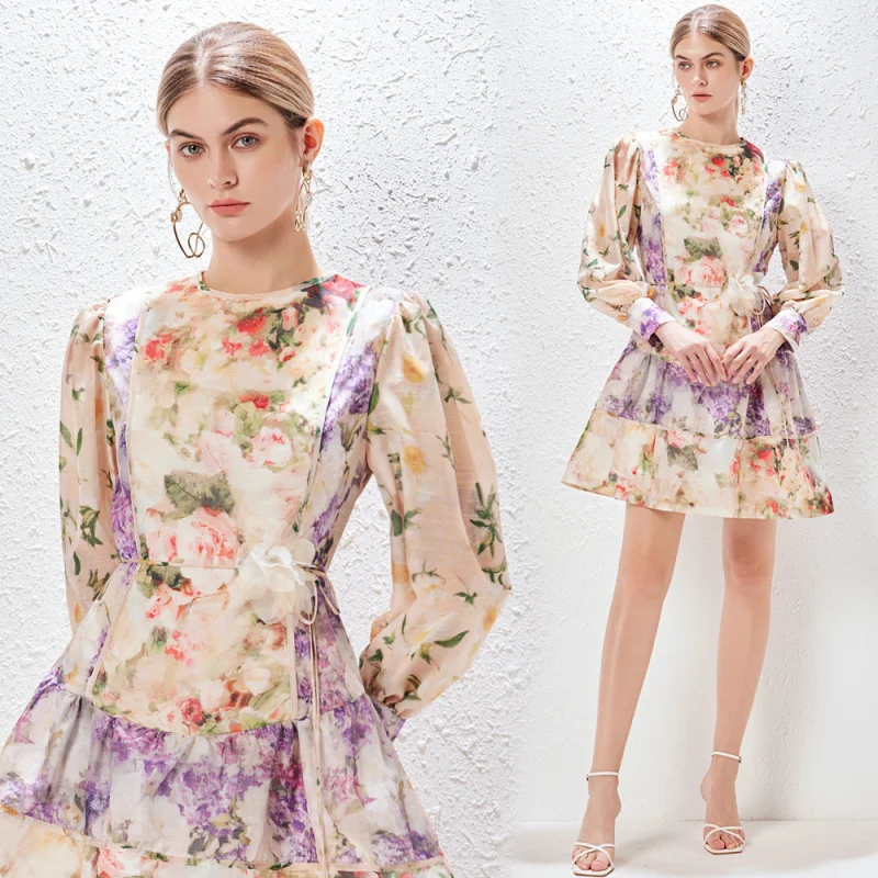 Real Shot Spot Design Rundhals Urlaubsstil Kleid weibliche Ärmel Positionierung Druck