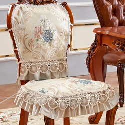 European Luxury Chair Seats and Head Covers Sets Lace Embroidered Retro Khaki Cushion Cover Non-slip Home Decor Noble Jacquard