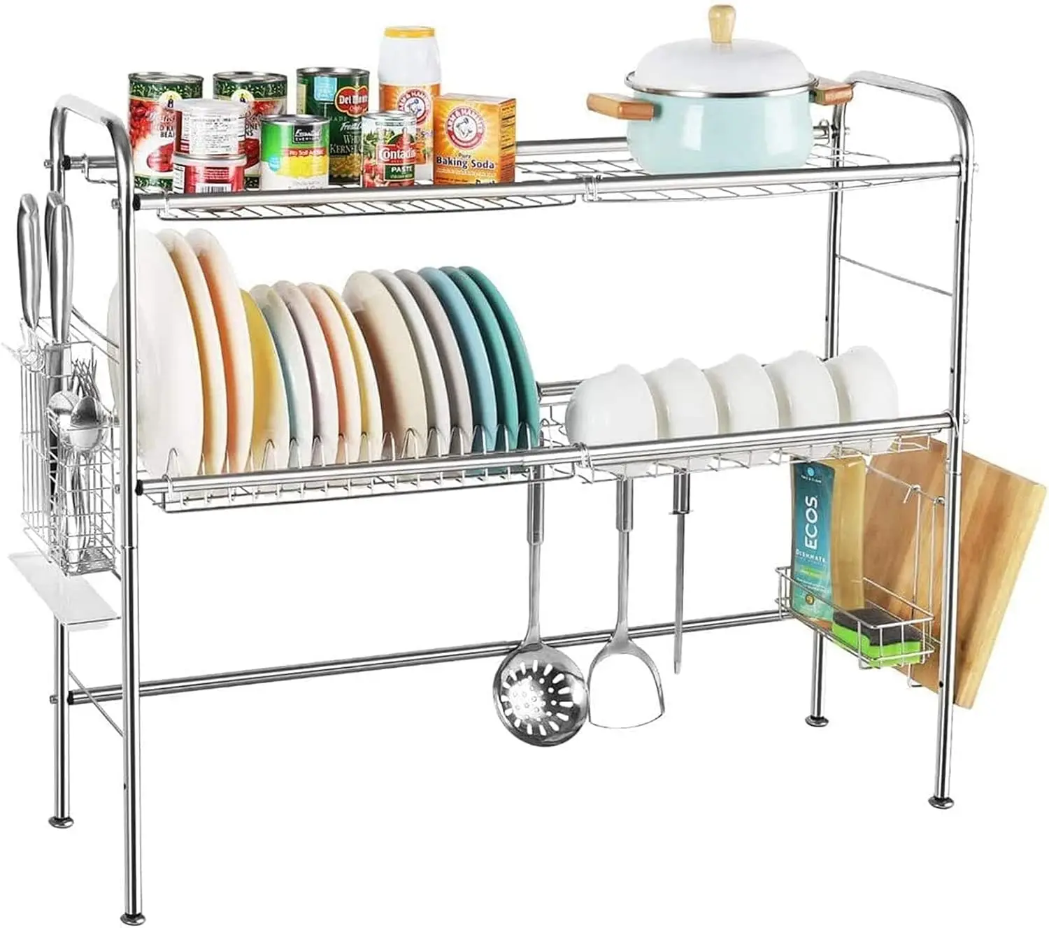 New double slot double-layer bowl rack, adjustable floor for storing tableware, hook clamp and chopsticks