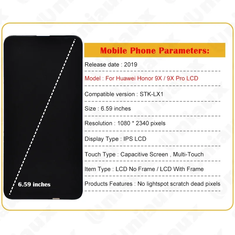 6.59'' LCD For Honor 9X premium global edition STK-LX1 STK-L22 LCD Display Touch Screen Digitizer Assembly+Frame