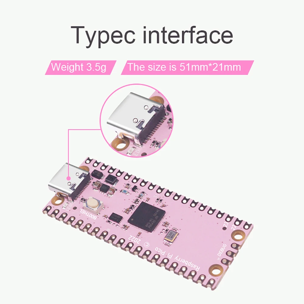For Raspberry Pi Pico Development Board RP2040 Dual-Core 264KB Low-Power Microcomputers USB-C Interface ENIG Finish, Pink Color
