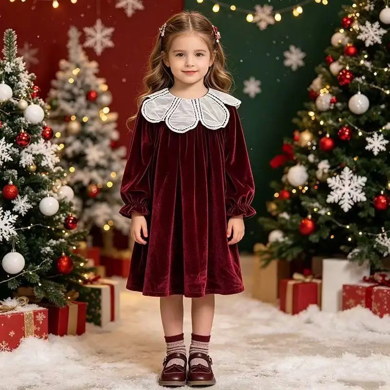 New Girls Burgundy Velvet Dress Petal Collar Long Sleeve Elegant Princess Dress For Toddler Baby Kids for 80-130cm