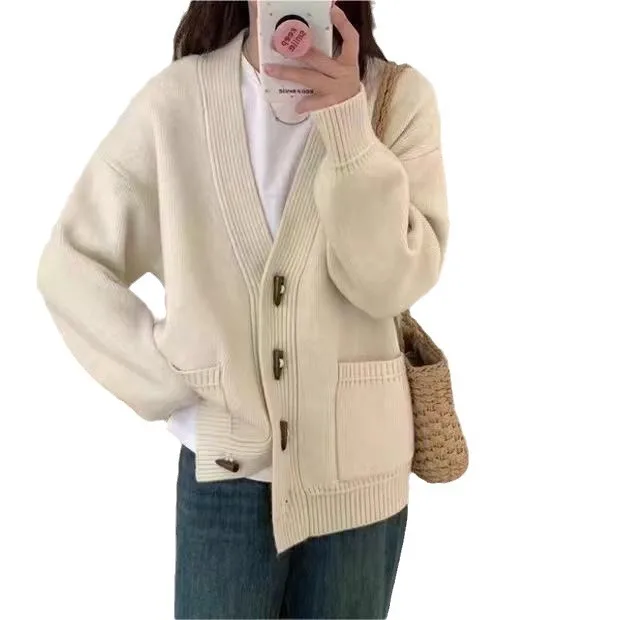 New V-Neck Temperament Small Fragrant Wind Women 2024 Loose Sweater Sweater All Sweater Coat Special Offer Cardigan LX6