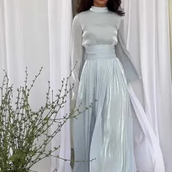 Vestido feminino com comprimento do tornozelo com decote em O, ajuste solto, dobras emendadas, kaftan, Dubai, árabe, Eid, vestidos muçulmanos, primavera, lindo, 2022