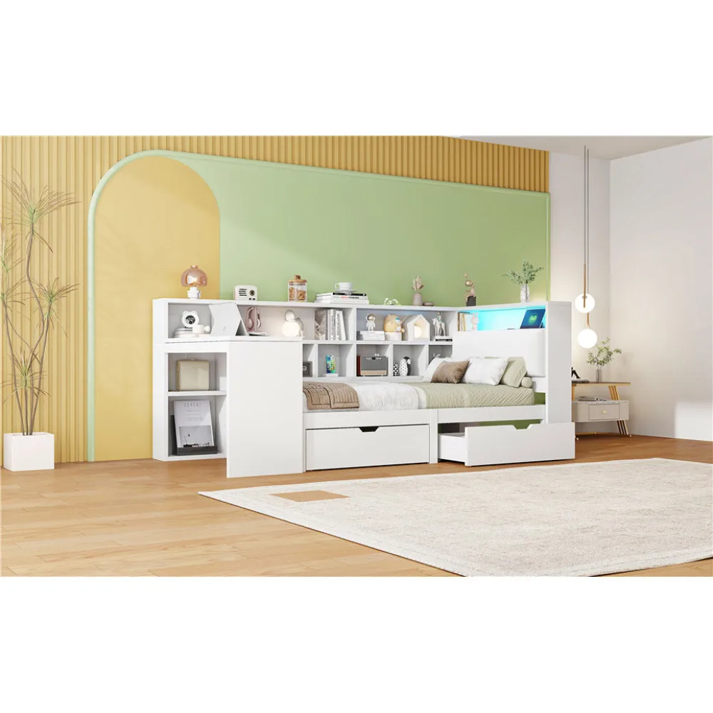 90x200 L-förmiges Plattformbett aus Holz mit Schreibtisch und Bücherregal, Eckkapitänsbett mit gepolstertem Kopfteil, Schubladen, LED-Licht – Detail 19