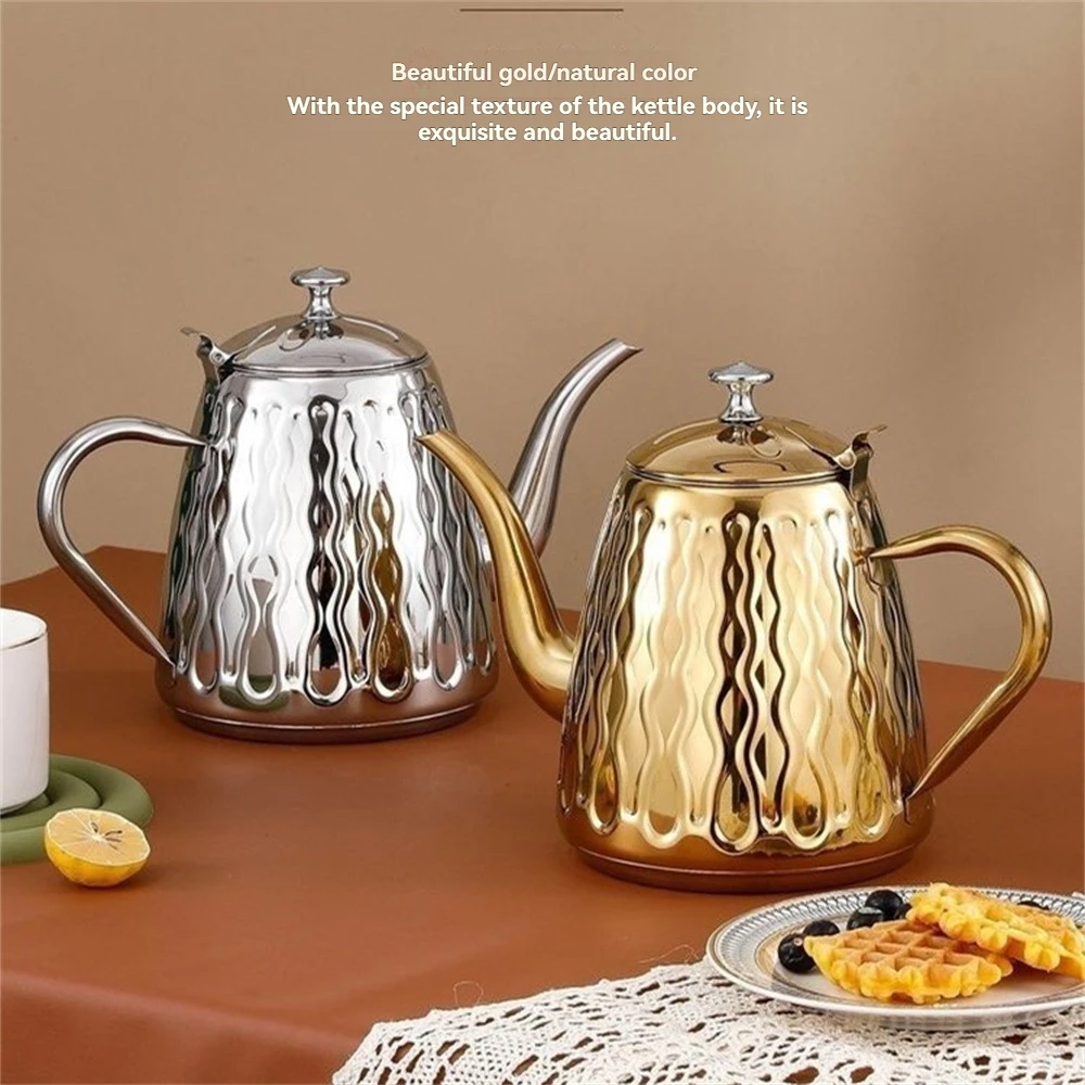 

5 pieces of embossed teapots, stainless steel teapots with detachable filters, and 4 stainless steel cups