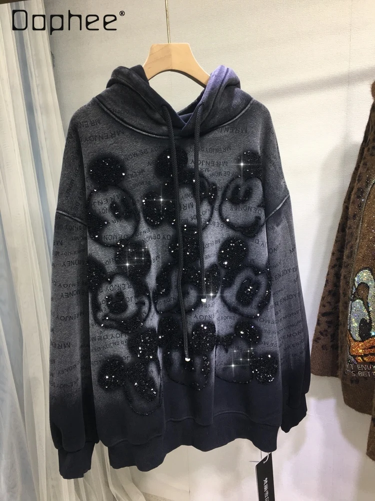 

Fleece-Lined Thickened Heavy Sequin Hooded Sweatshirt for Women Cute Cartoon Loose Mid-Length Sweatshirt Hoodie Autumn Winter