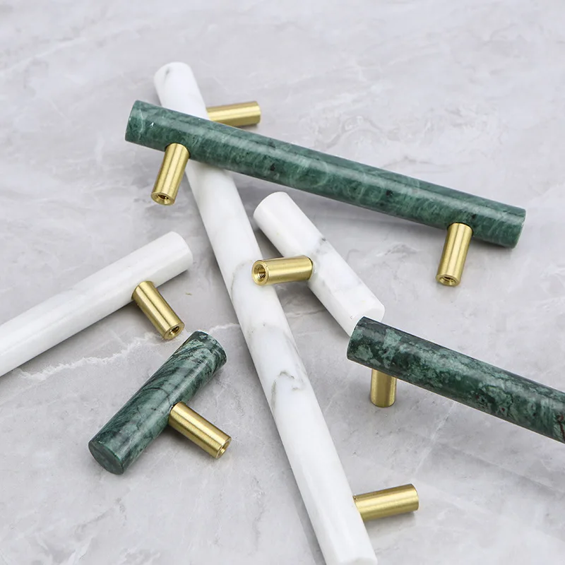 Brass Marble Cabinet Handle Natural Stone Wardrobe Handles Pastoralism furniture Pull Bar Drawer T Bar Green White