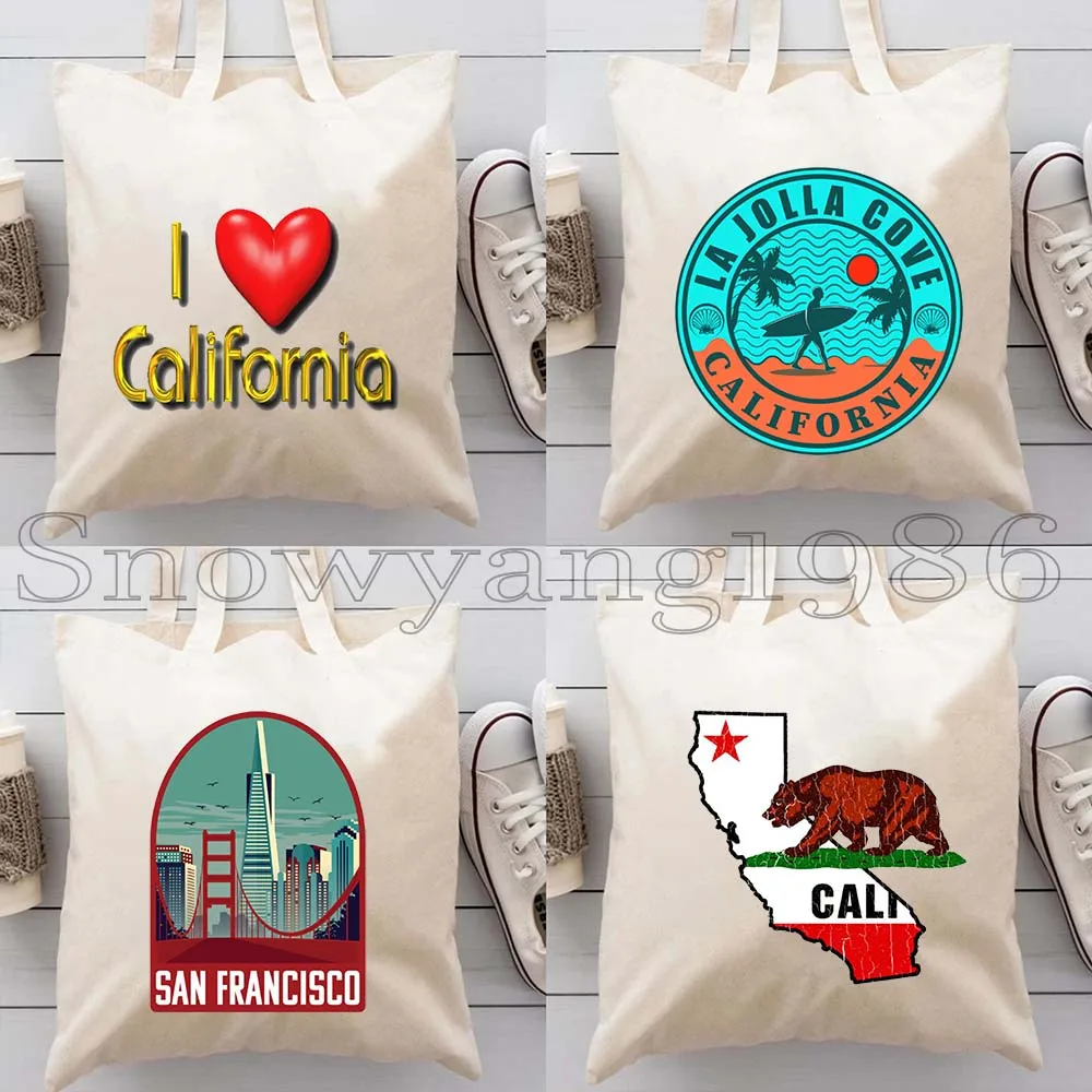 

4PCS California State Map Bear Flag Golden Gate Bridge Palm Springs San Francisco Canvas Shoulder Tote Bag Shopper Handbag