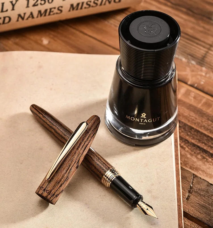 ปากกา Montagut ระดับไฮเอนด์ ทำจากไม้เนื้อแข็ง สไตล์เรโทร สำหรับเขียนพู่กัน หัวปากกาอิริเดียม ฝาปิดแบบเกลียว ปากกาหมึกซึม อุปกรณ์การเรียน อุปกรณ์สำนักงาน