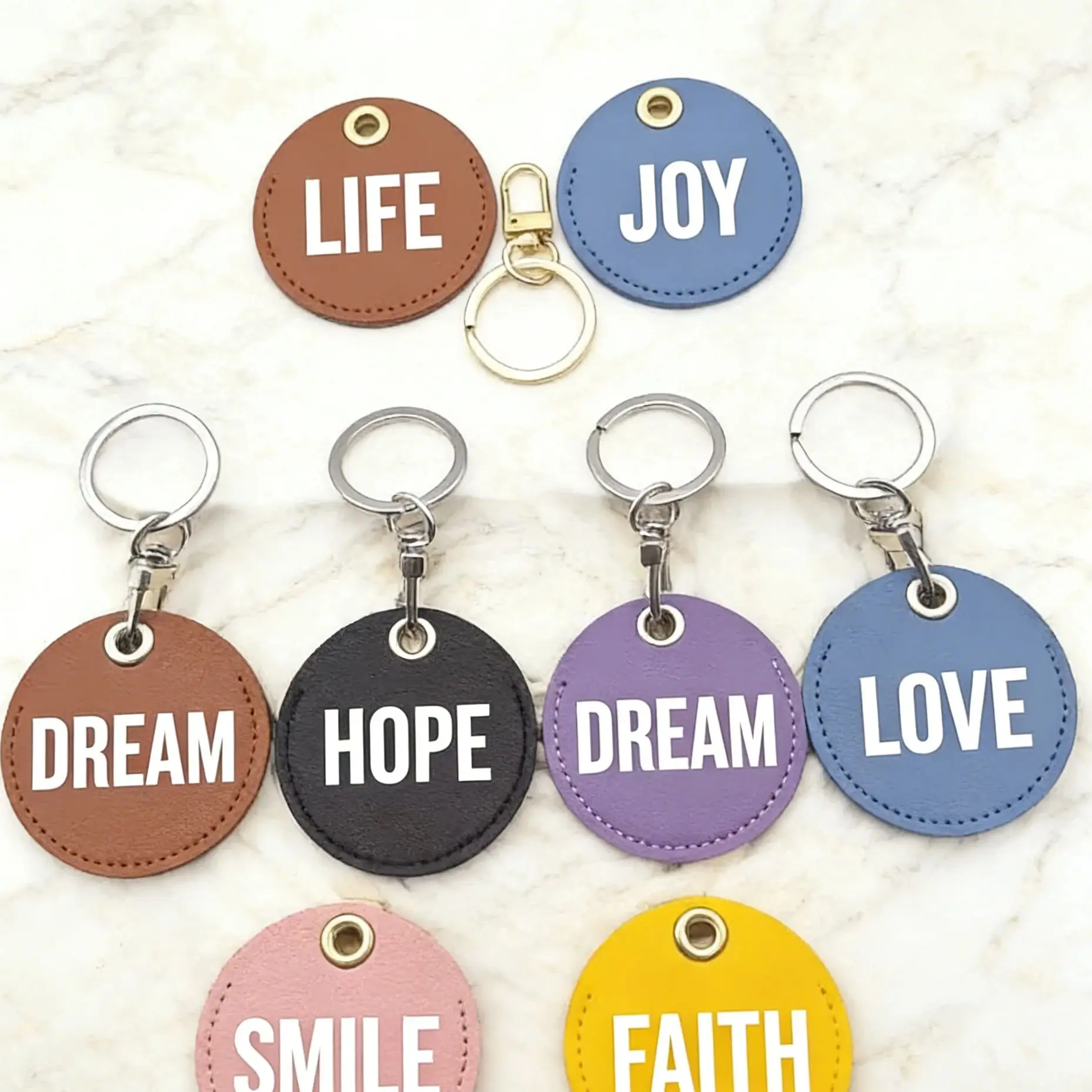 Laser custom logo round leather access card cover keychain personalized name number keyring circular tag case key chain ring