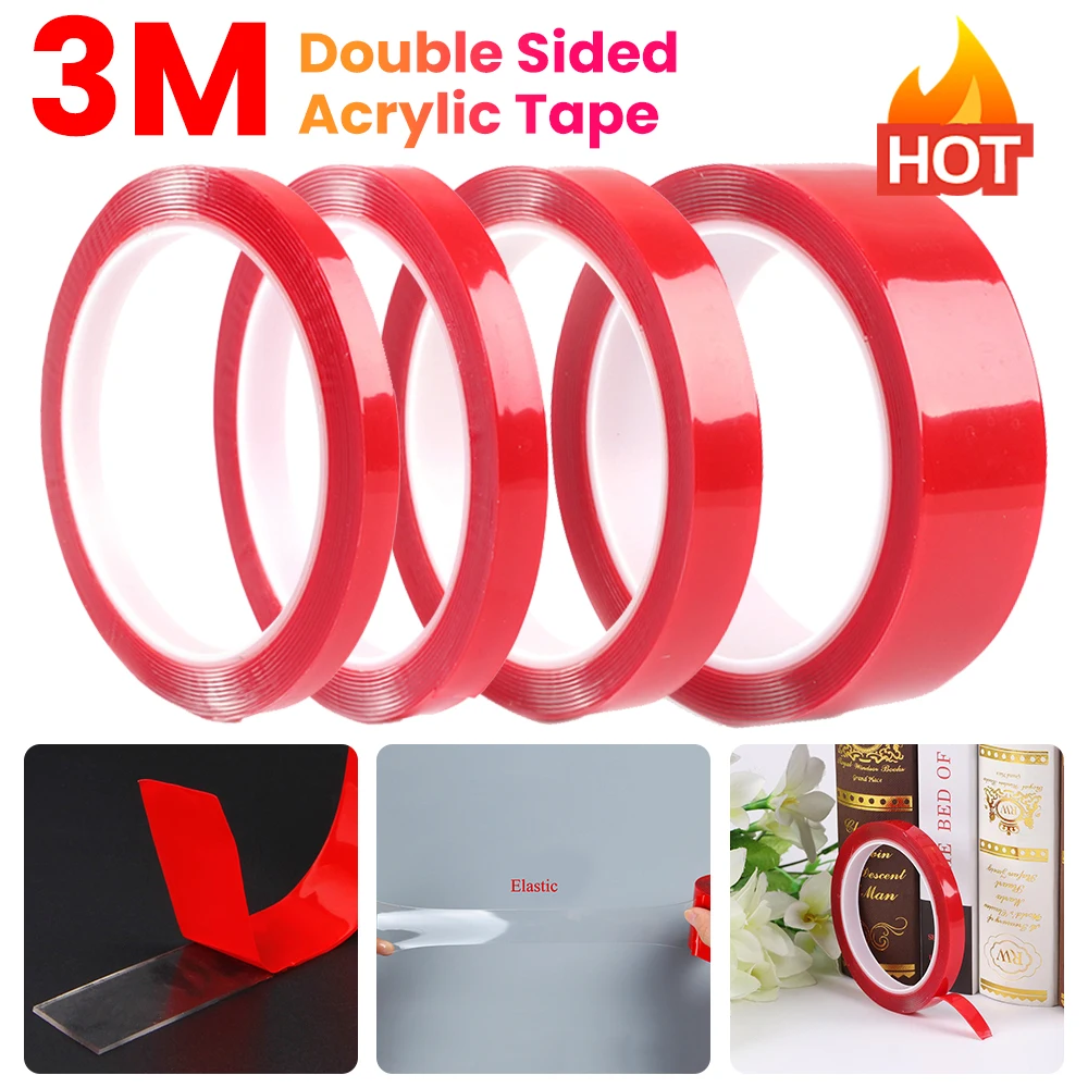 8/10/15/30mm Double Sided Adhesive Tape Acrylic Transparent No Traces Waterproof Red Tape Sticker for LED Strip Car Tablet Fixed