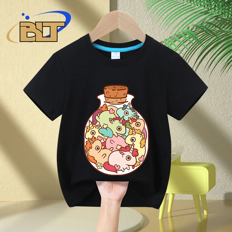 Bottle of Unicorns cartoon print kids T-shirt summer children's cotton short-sleeved casual tops for boys and girls