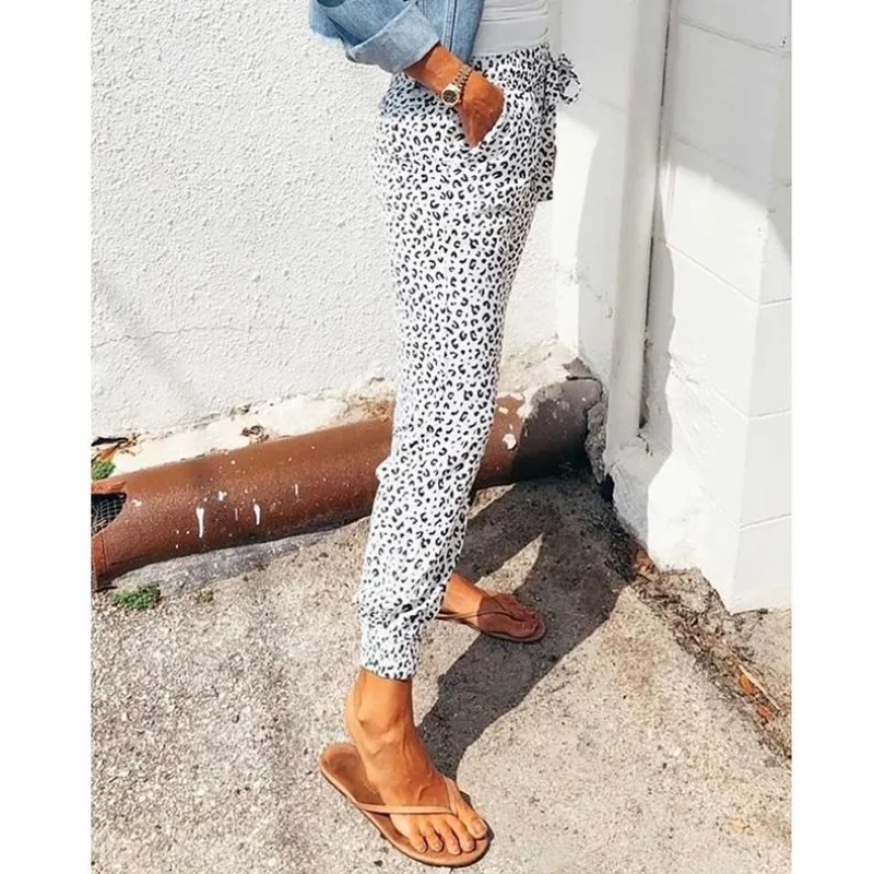 Summer Leopard Print Jogger Pants Women's Loose Drawstring Casual Slim