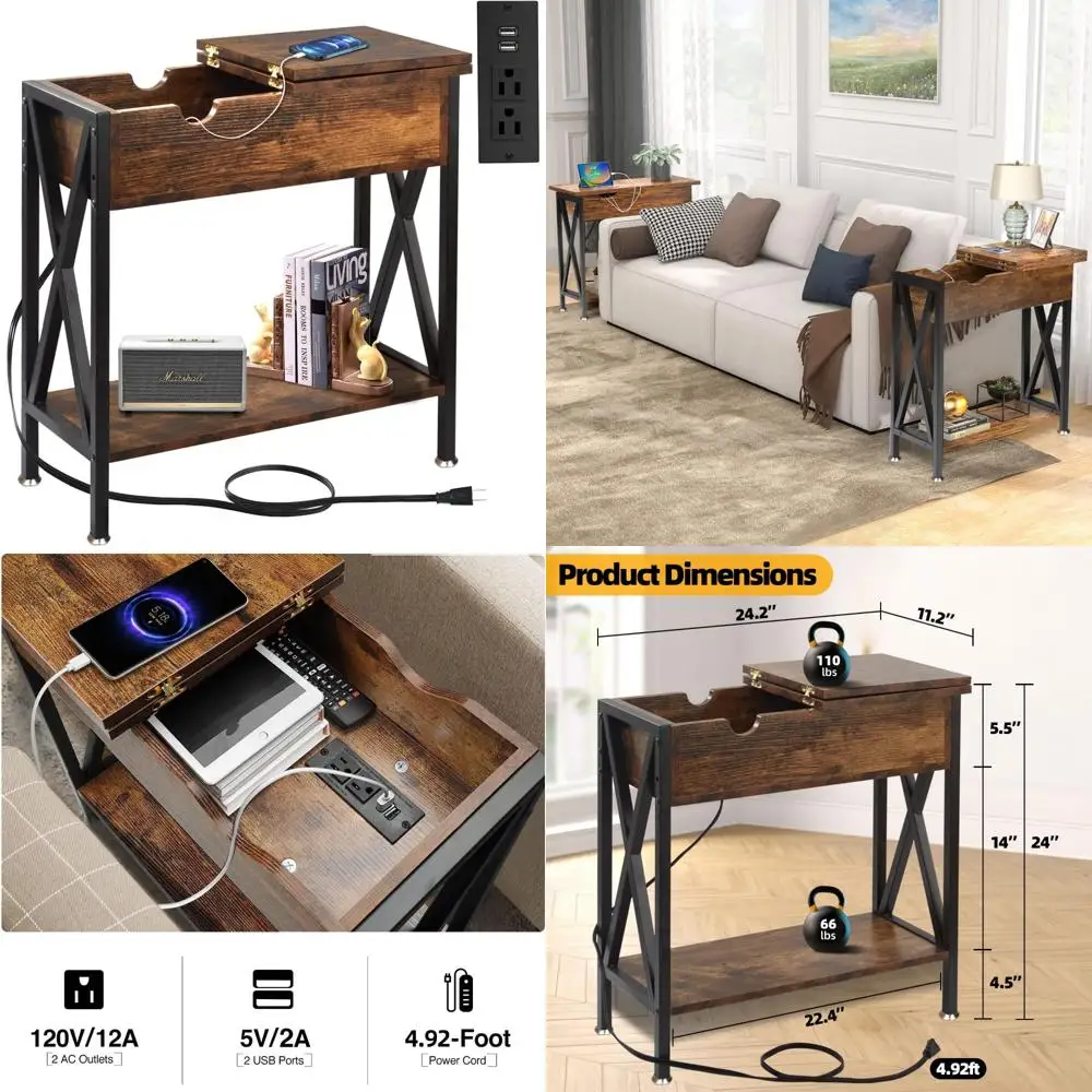 

Charging Station Side Table for Living Room, 12 Depth x 24 Width x 24 Height, Flip Top Design with USB Ports and Outlets, Ideal