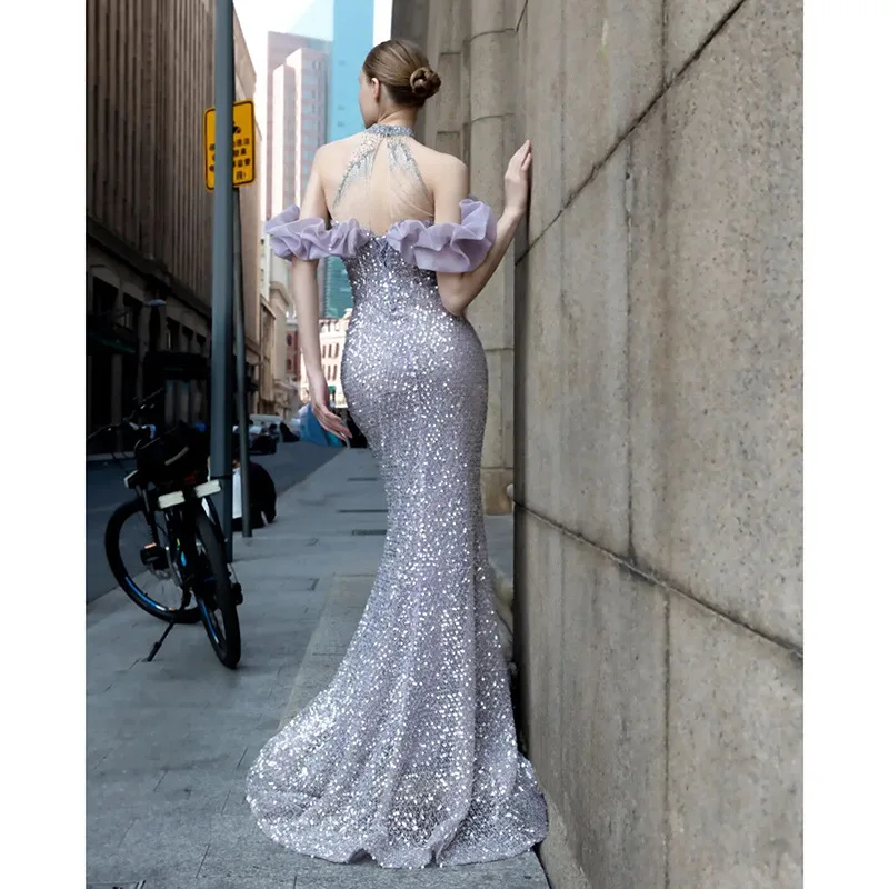 Halter Formal Evening Dress 2024 New Shining Women\'s Annual Banquet Purple Mermaid Prom Party Dress Robes  Soirée Customized