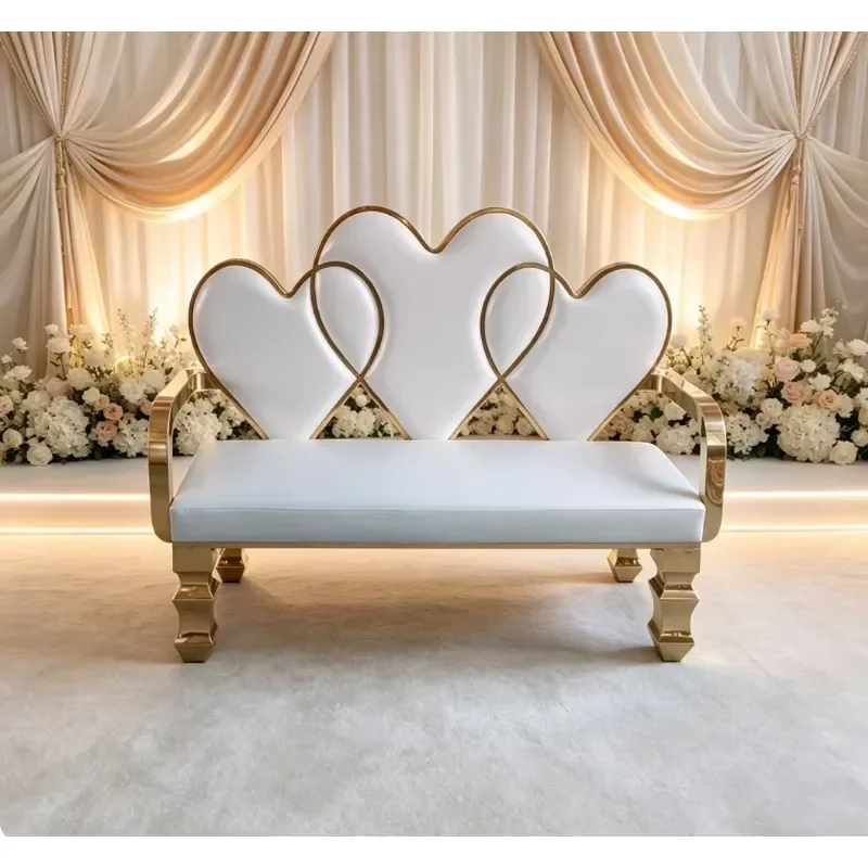 Romantic Modern Triple Heart Back Wedding Loveseat White PU Steel Frame Sofa Indoor Stage Furniture for Banquet Reception