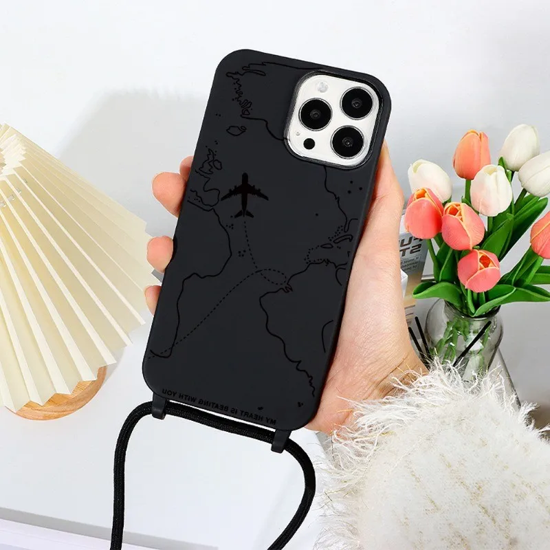 フライトルート柄 iPhone 16 15 14 Pro Max 13 12 Mini 11Pro XS XR 7 8 Plus SE用 ランヤード付き耐衝撃ソフトケース