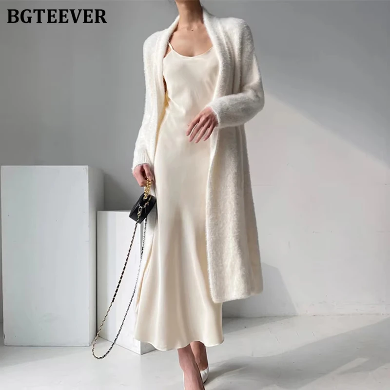 

BGTEEVER Elegant Oversized Women Long Sweaters Cardigans Tops Autumn Winter Thicken Warm Loose Solid Female Knitwear