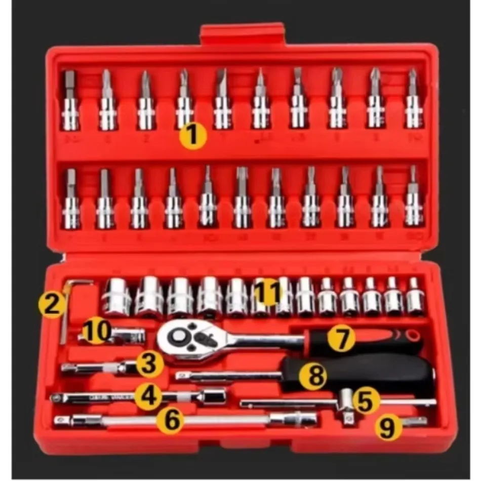 

46 Piece 1/4 Inch Hybrid Tool Set for Car Repair Home Use Stainless Steel Hand-Power Source OEM Customizable Storage Compartment