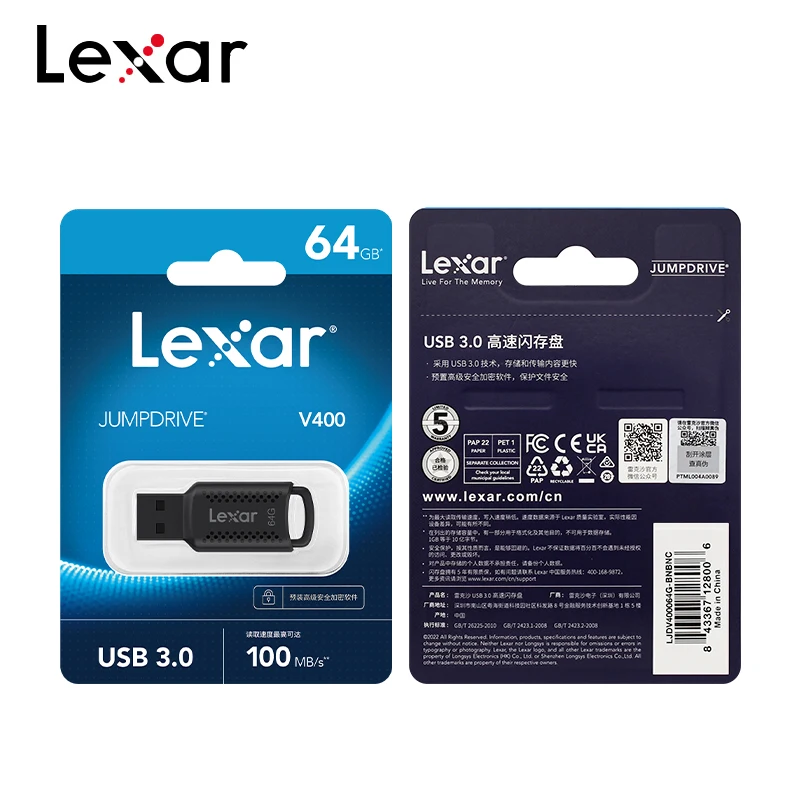 محرك فلاش Lexar USB 3.0 V400 64GB محرك أقراص فلاش أسود للكمبيوتر حتى 100 ميجابايت/ثانية قرص ذاكرة U