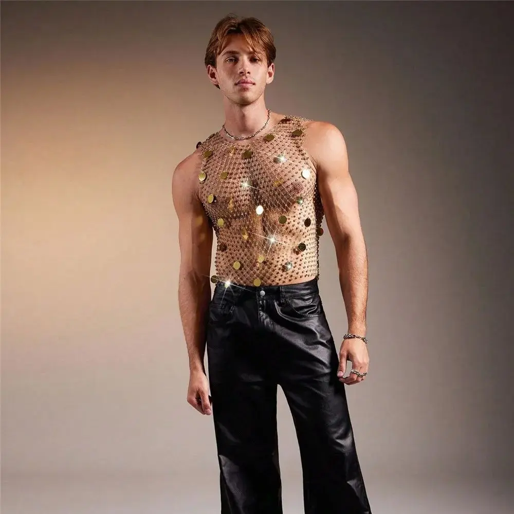 Nightclub Party Diamond Sequin Sheer Fishnet Tank Top For Men Sexy Cutout Design Elegant Sparkle Rhinestone-Embellished Top