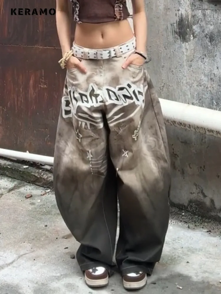 

Джинсы большого размера с градиентом в стиле ретро, женские повседневные мешковатые брюки с высокой талией и карманами Y2K, уличные джинсовые брюки в стиле гранж с буквенным принтом 2000-х годов