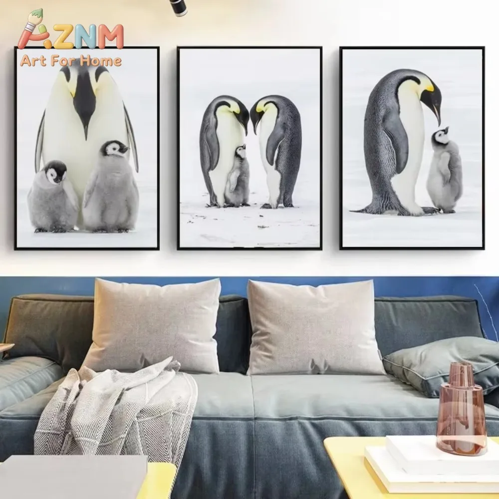 1Pc/3Pcs Warm Penguin Parents and Children Living Room Canvas Decoration Painting Core Frameless Posters