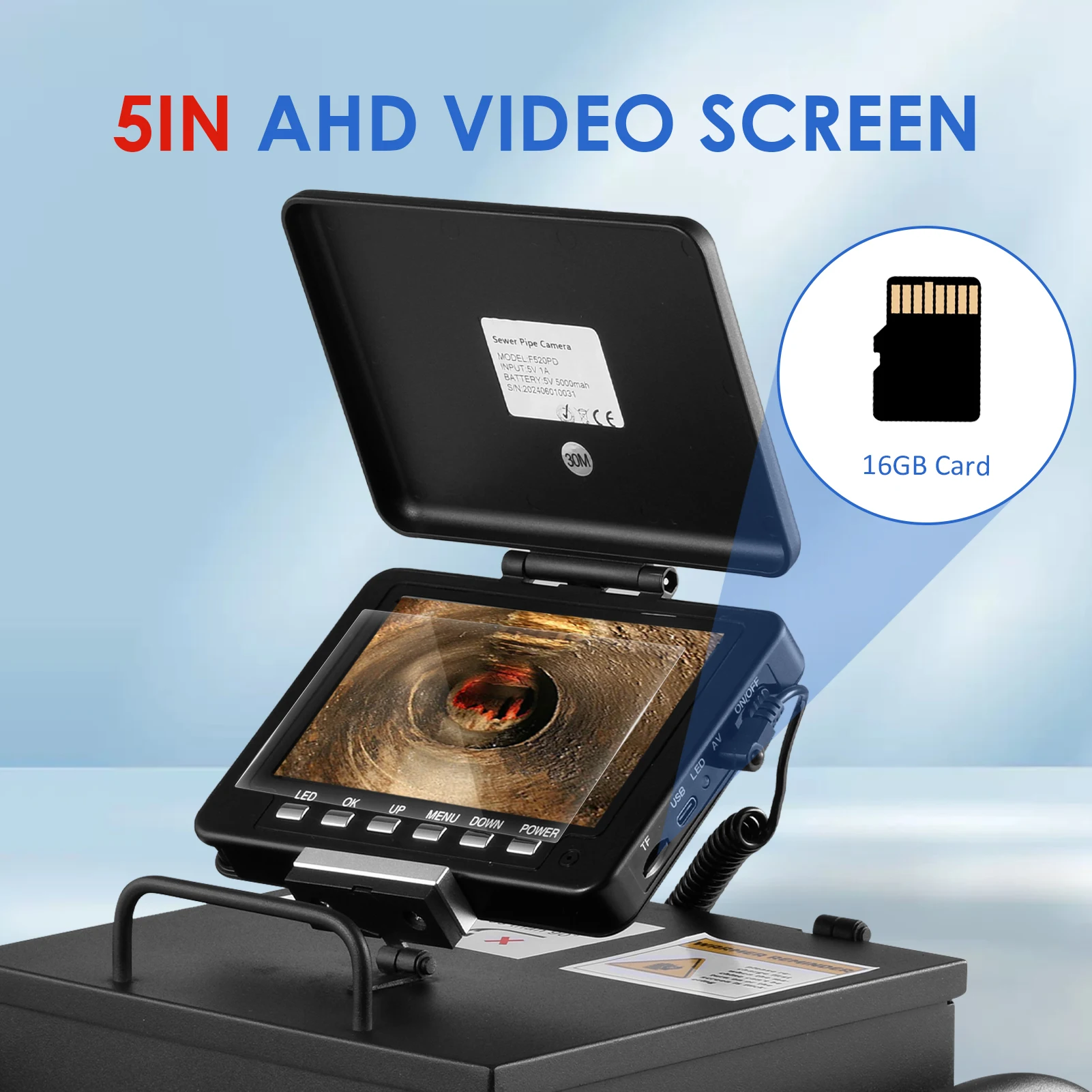Cámara de drenaje de nivelación automática de 100 pies con transmisor de 512 Hz, boroscopio de pantalla impermeable de 5 pulgadas con luz, tarjeta de 16 Gb