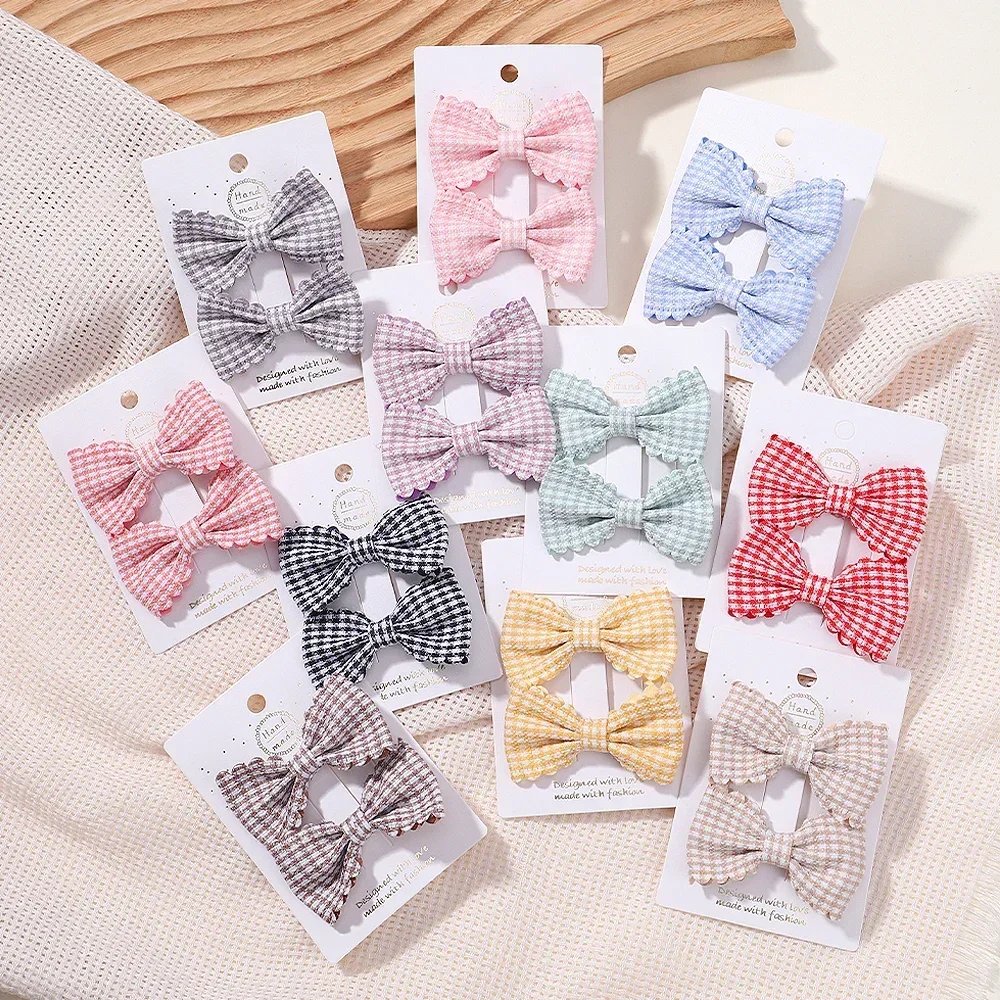 2 sztuk/zestaw jednokolorowe kokardy dla dzieci spinki do włosów dla dziewczynek ręcznie robione Plaid Bowknot szpilka Barrettes zdjęcie akcesoria do włosów