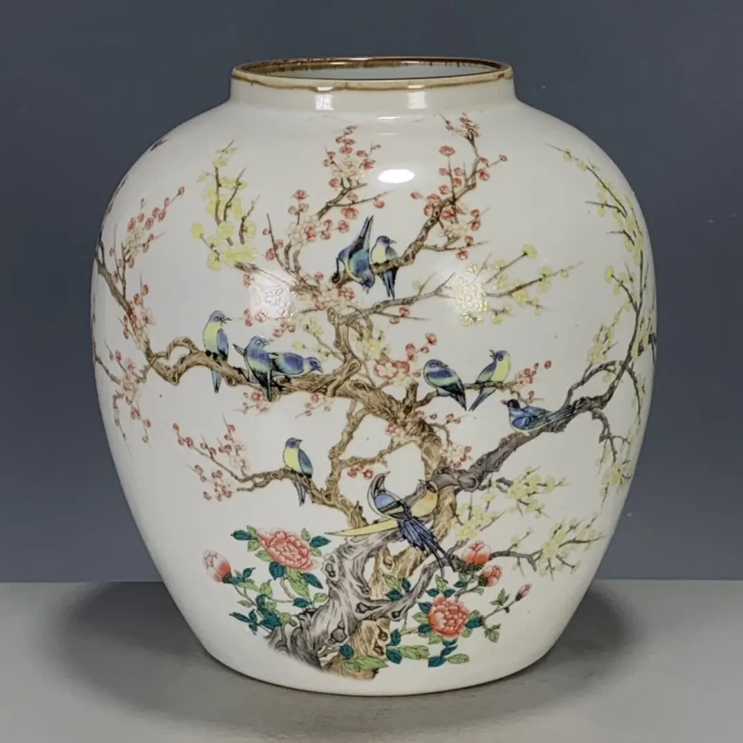 European Repatriated Qing Tongzhi Famille Rose Porcelain Jar, Twelve Magpie & Flower Pattern, Perfect Condition