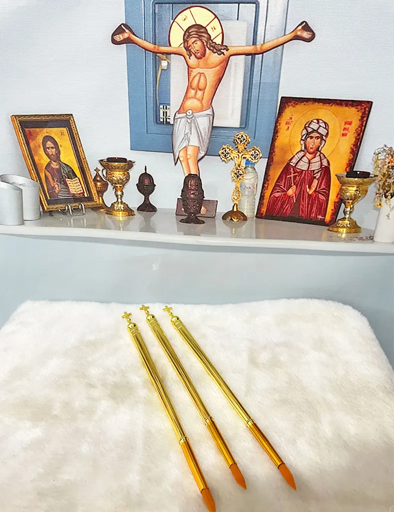 HTISOK 3 Stück Goldfarben-Pinsel mit Kreuzkopf, Kunstpinsel aus Legierung für religiöse Malerei und Bastelprojekte – Detail 8