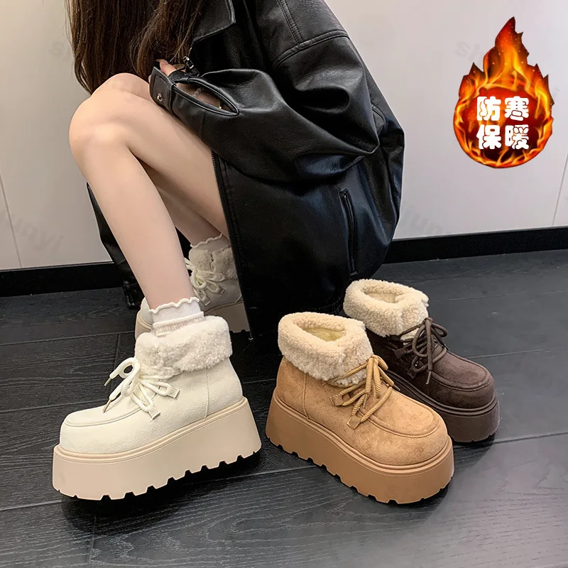 

Winter Women Fur Snow Boots 2025 Chunky Platform Retro Warm Plush Cotton Shoes Fashion Non Slip Outdoor Ankle Boots Botas Mujer