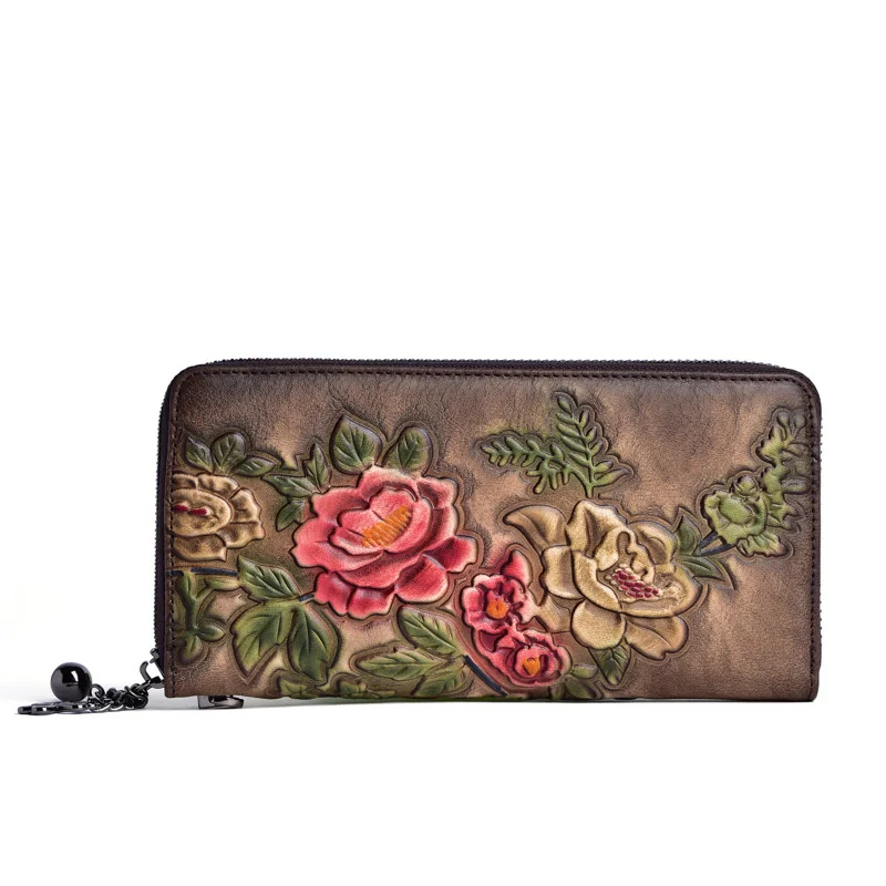 Women Cowhide Long Wallet Purse Female Wrist Clutch Bags Retro Pattern Multi-Cards Genuine Embossed Leather Zipper Handy Bag