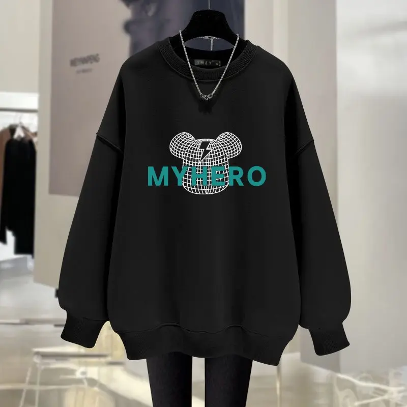 Women Clothing Fashion Cartoon Printed Sweatshirts Autumn O-neck Loose Casual Long Sleeve Hoodies Y2K Chic Solid Top Pullovers