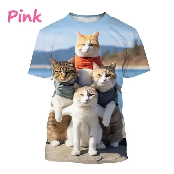 2023 New Funny Cute Cat 3D Printing T-Shirt Animal Creative Personality Interesting Street Round Neck Short Sleeve